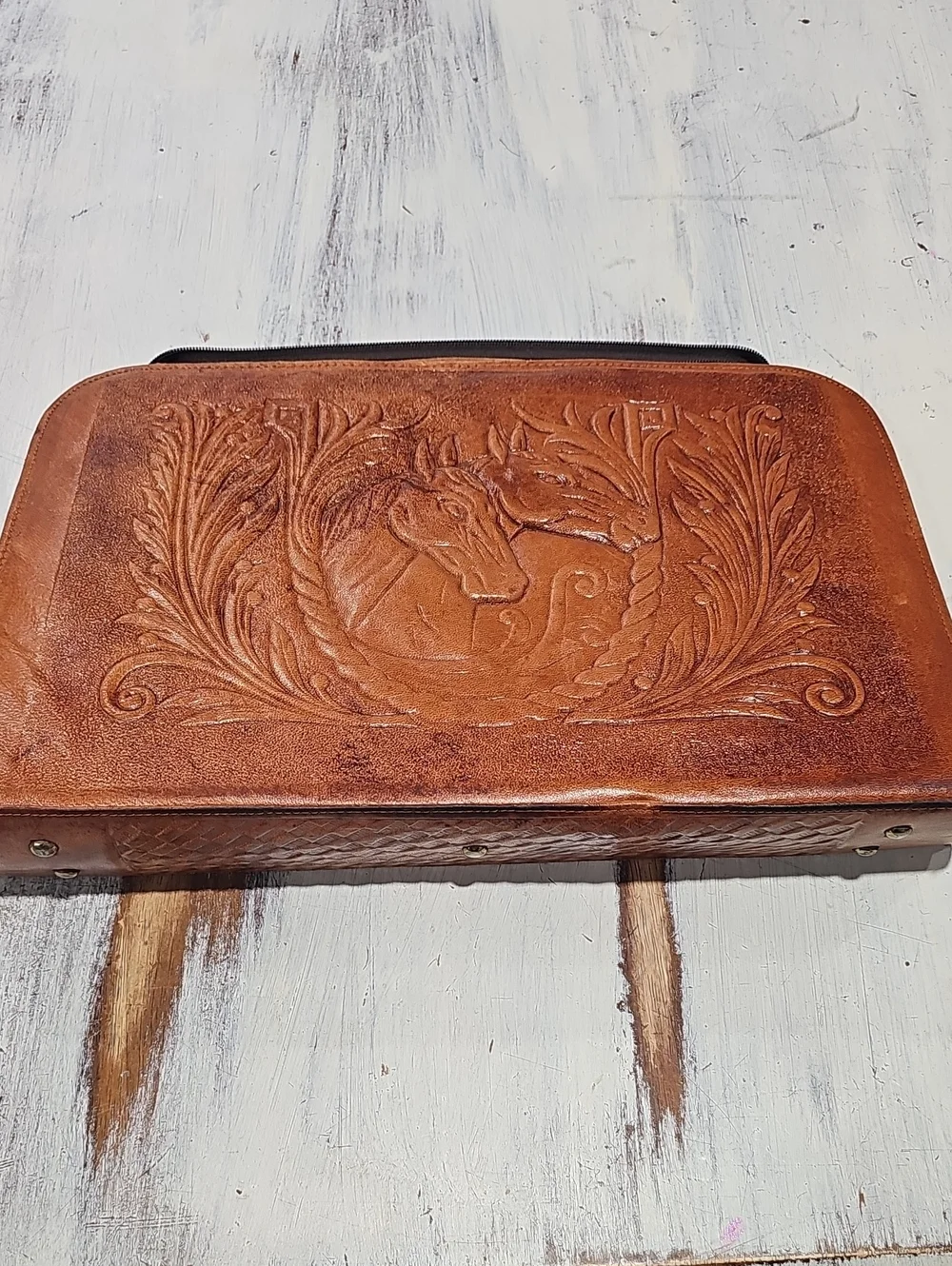 Hand-Tooled Brown Leather Clutch Wallet Made In Mexico